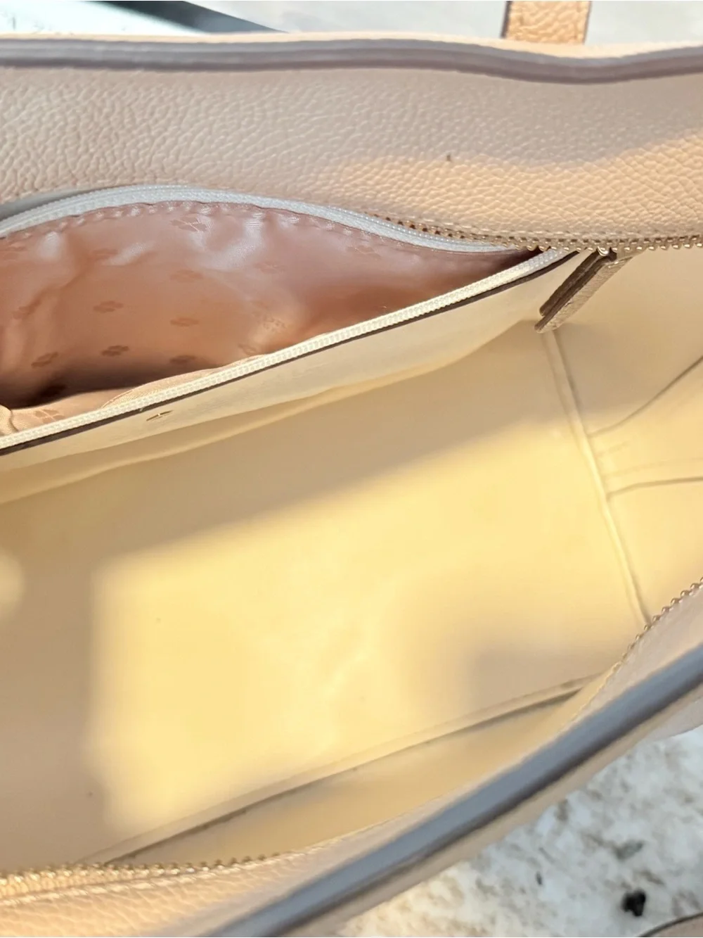kate spade tan leather tote with pink dust bag and floral card